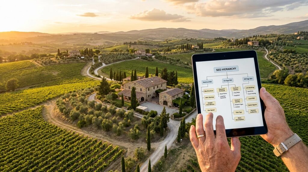Aerial view of authentic Tuscan countryside with traditional