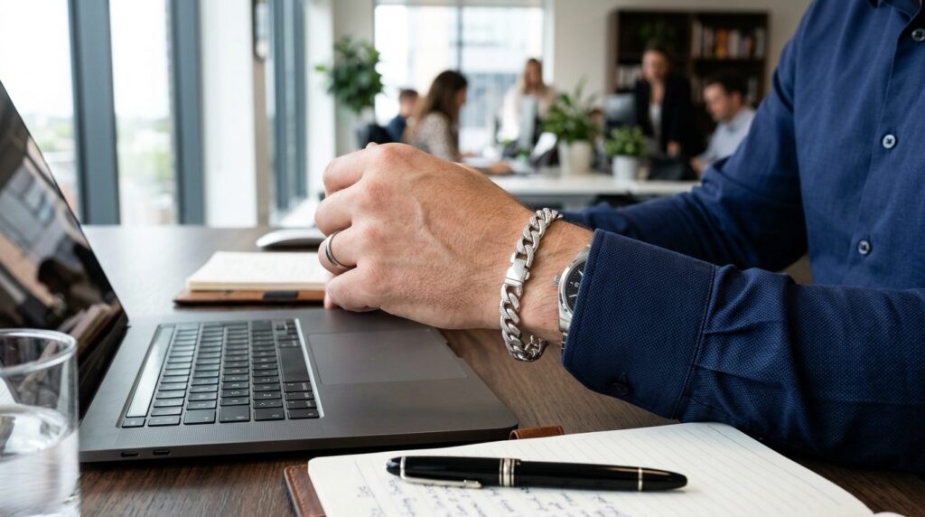 Close-up of a mens bracelet worn on wrist in professional s