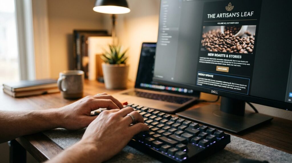Close-up of hands typing on keyboard with email newsletter t