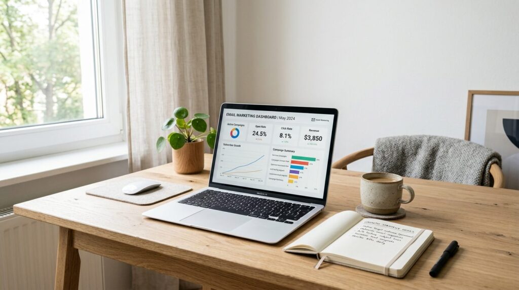 Minimalist workspace with laptop showing email marketing das