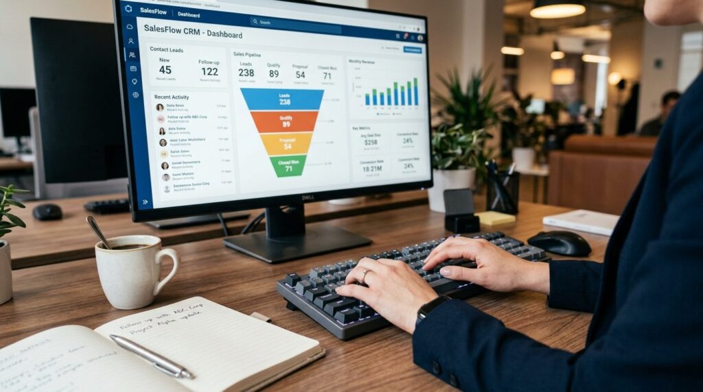 Close-up of hands typing on keyboard with CRM dashboard visi