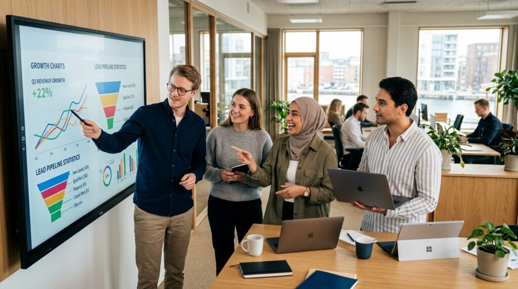 Diverse team of young Danish professionals in modern startup