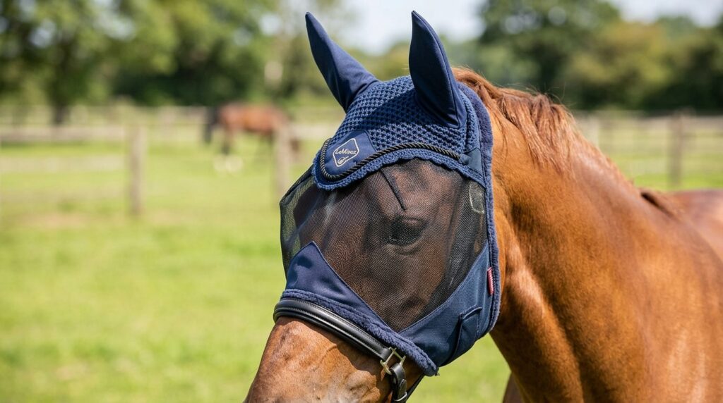 Close-up detail shot of a horse wearing a protective ear bon