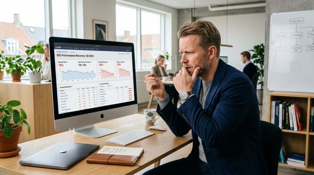 Danish entrepreneur at desk analyzing website SEO performanc