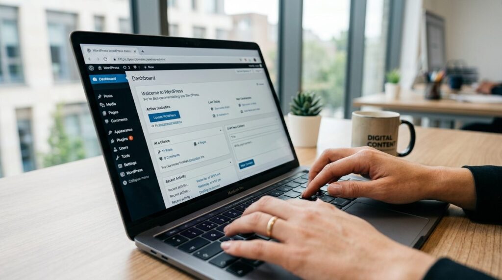 Close-up of hands typing on laptop keyboard with WordPress d