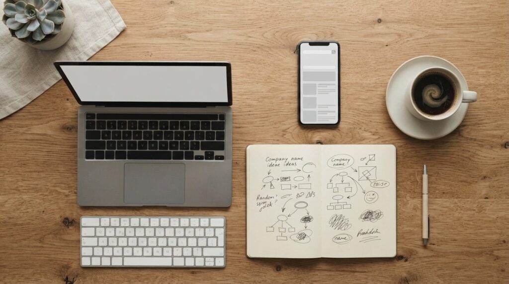 Flat lay overhead shot of business planning materials includ