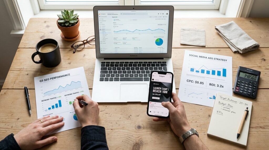 Top-down flat lay photography of marketing strategy planning