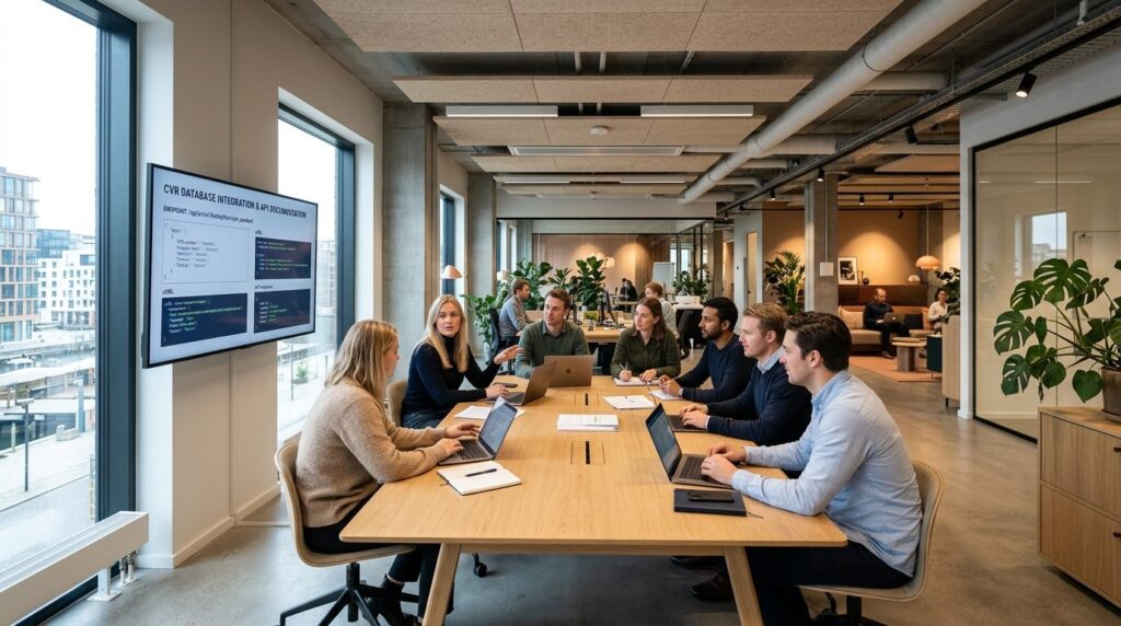 Wide shot of a modern Danish startup office with employees c