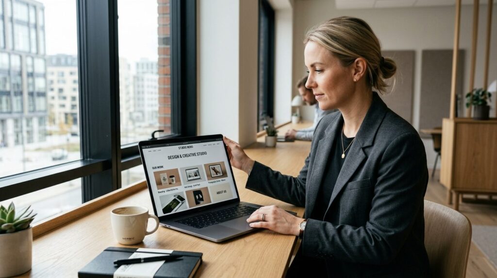 Close-up of professional business woman reviewing website on