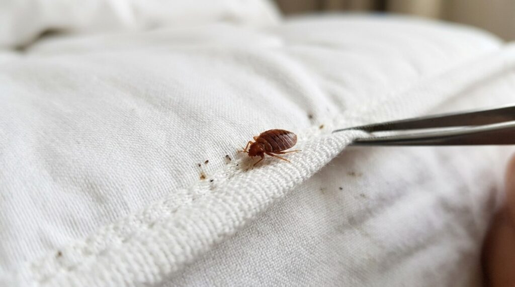 Close-up macro photography of a bed bug on white hotel bed f