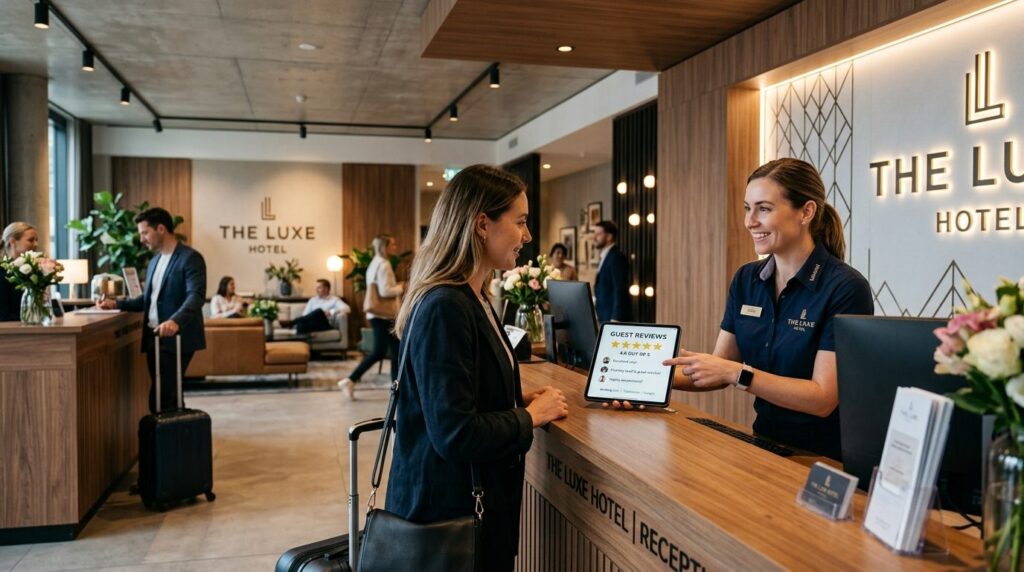 Hotel reception desk with staff member using tablet showing 